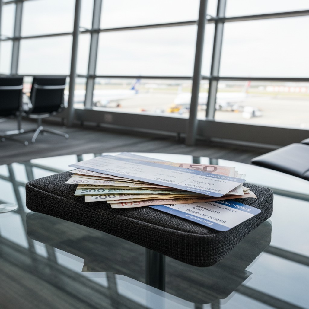 A gray suitcase and stack of currencies in front of airport in the background.