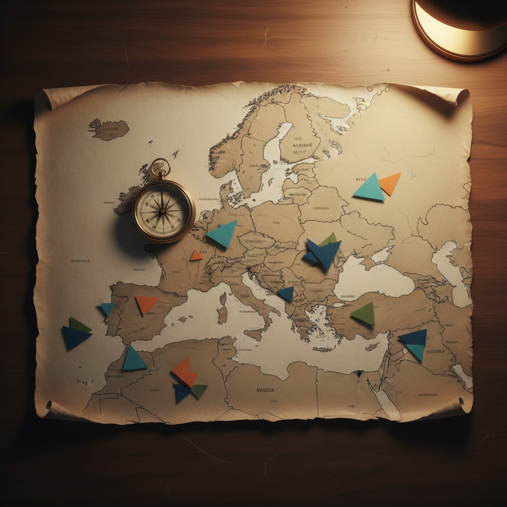 Coiled bronze compass on an old map with colorful paper triangles, above a dark wood fiber tabletop next to a gold-tinted ...