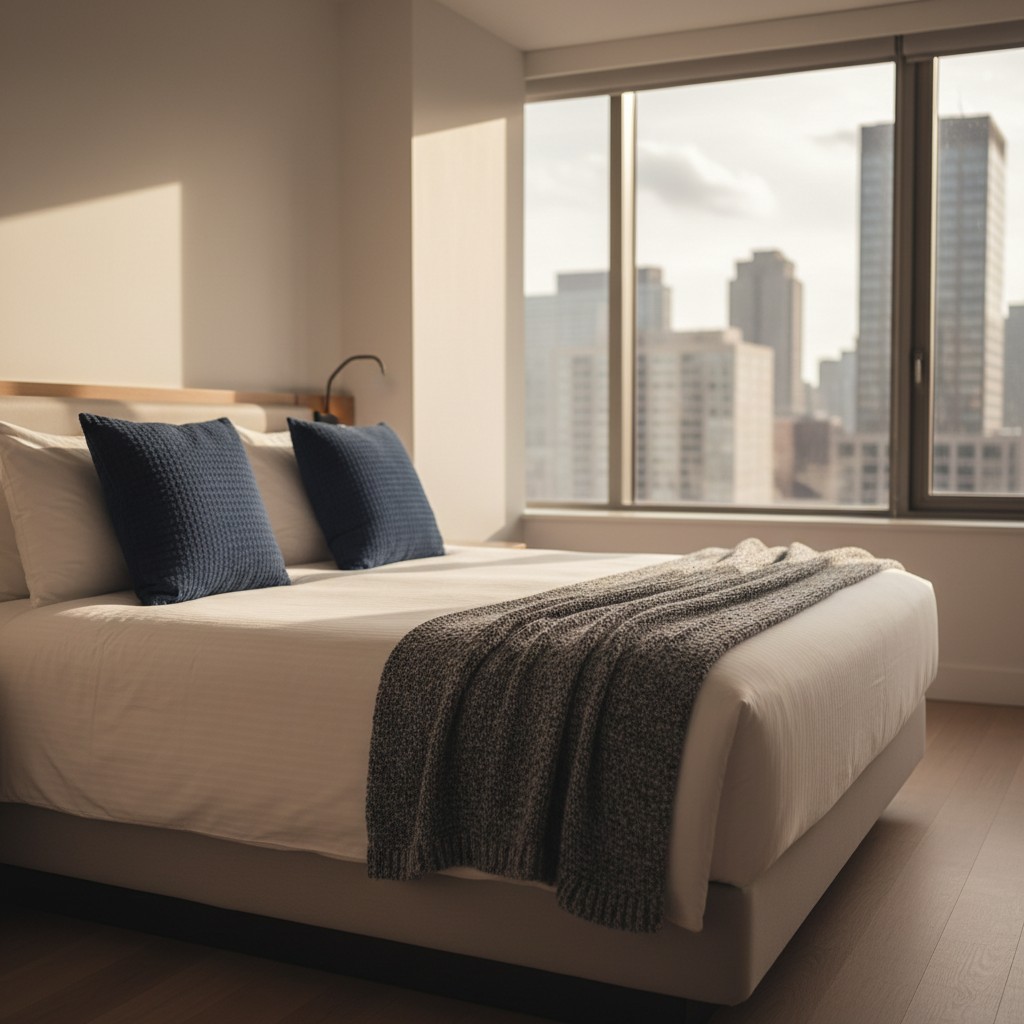 A modern bedroom with a white bed and large window offering a city view.
